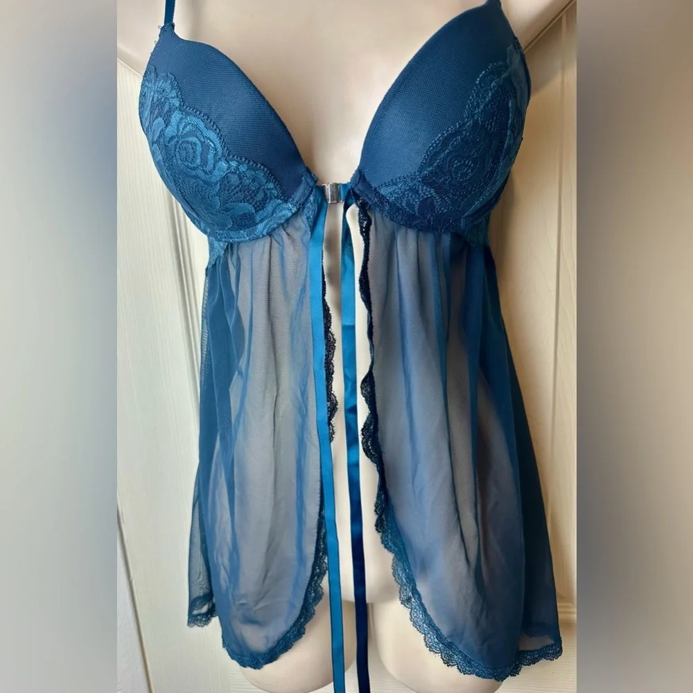 Fashion Nova Sheer Lace Babydoll Chemise in Teal Medium